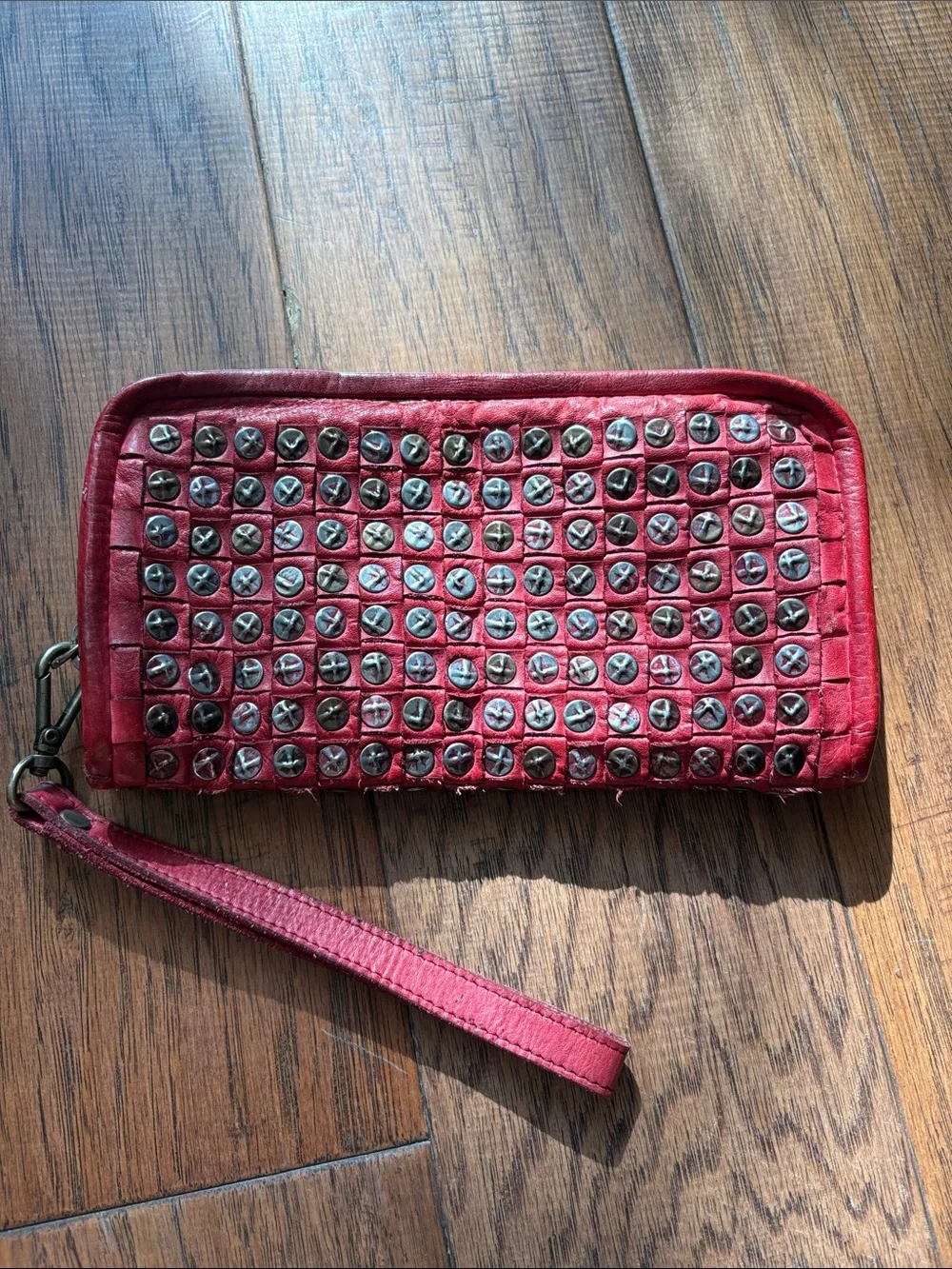 Platinia Red Studded Leather Wristlet Wallet